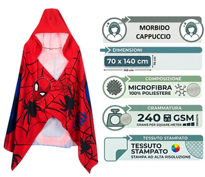 Mantella Mare Spiderman MARVEL Telo con Cappuccio 70x140 CM in Microfibra Bagno Piscina Spiaggia - Ez18217