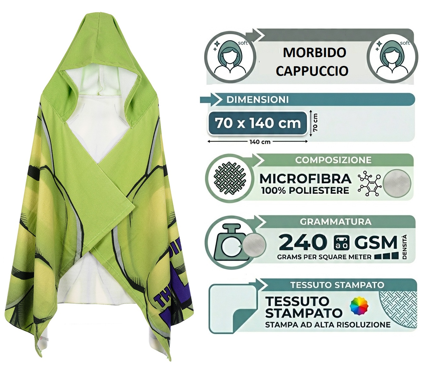 Mantella Mare Hulk MARVEL Telo con Cappuccio 70x140 CM in Microfibra Bagno Piscina Spiaggia - Ez18216