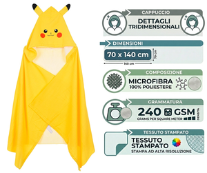 Mantella Mare Pikachu Pokémon Telo con Cappuccio 3d 70x140 CM in Microfibra Bagno Piscina Spiaggia - Ez18218