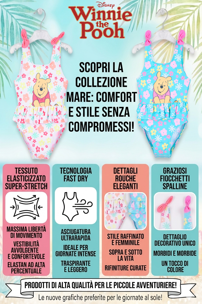 Costume da Bagno Winnie the Pooh DISNEY Intero 1 Pezzo Mare Piscina Neonata - Ez05022azzurro