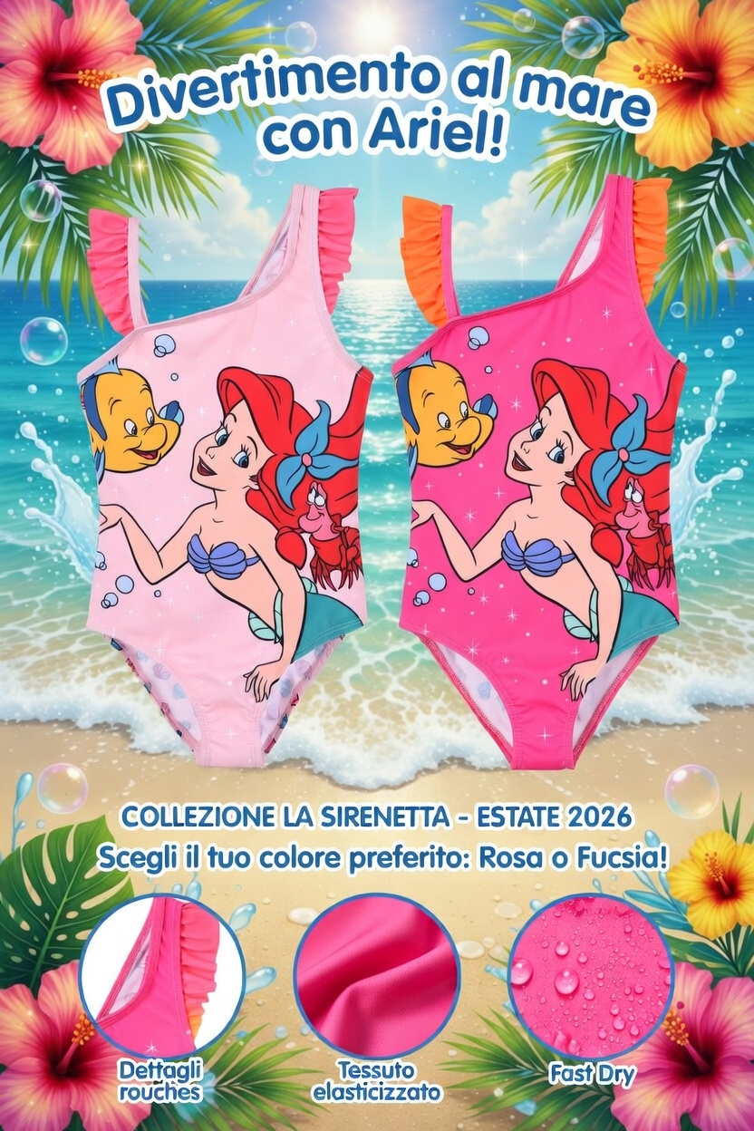 Costume da Bagno Sirenetta Ariel DISNEY Intero 1 Pezzo Mare Piscina Bambina - Ez18012fucsia