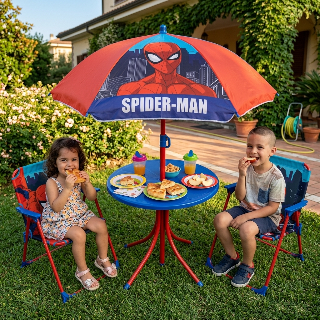 Set da Giardino Spiderman Tavolino Ombrellone e Sedie Pieghevoli per Mare e Giardino 100% Poliestere- 86630