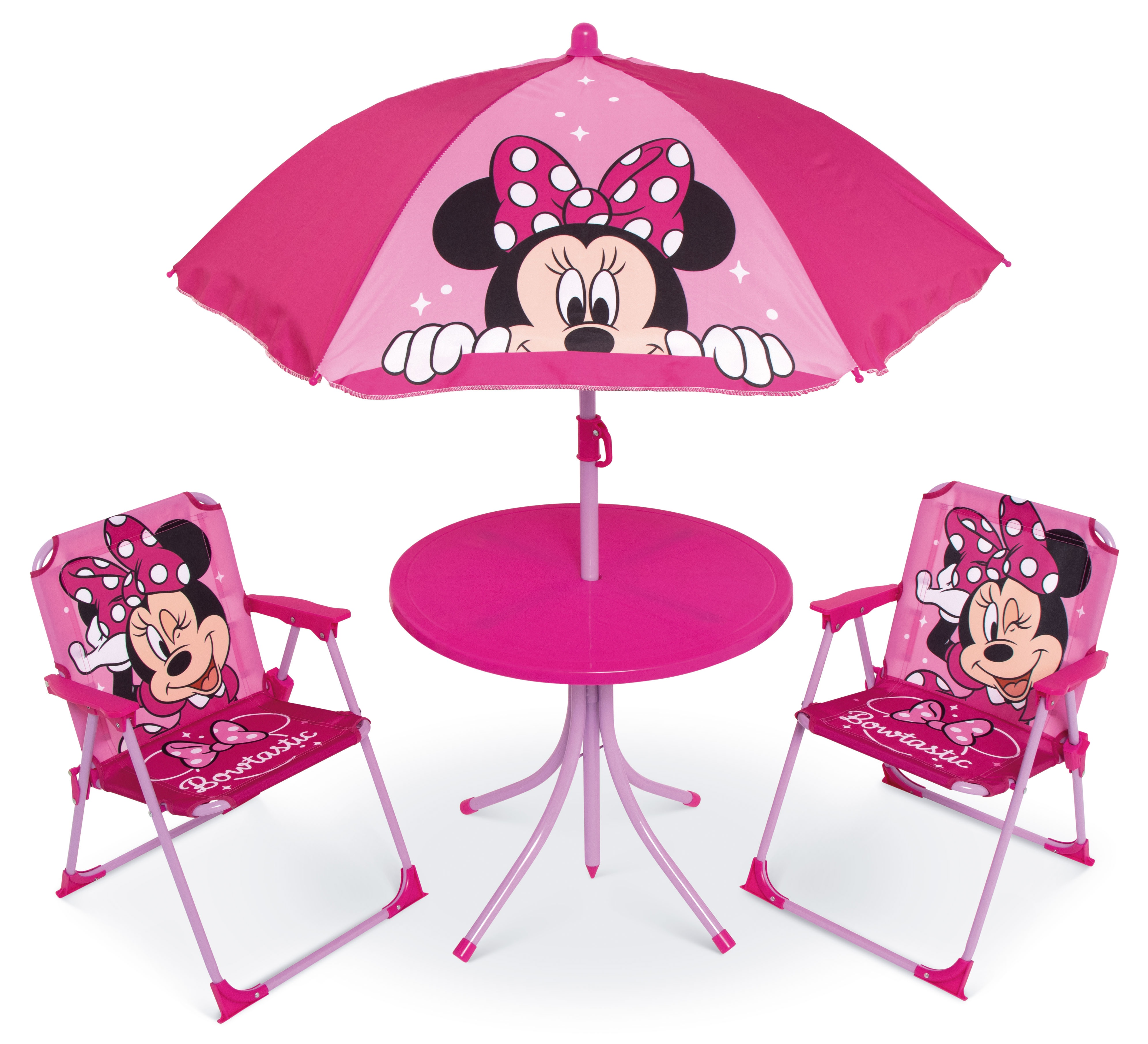 Set da Giardino Minnie Tavolino Ombrellone e Sedie Pieghevoli per Mare e Giardino 100% Poliestere- 86631