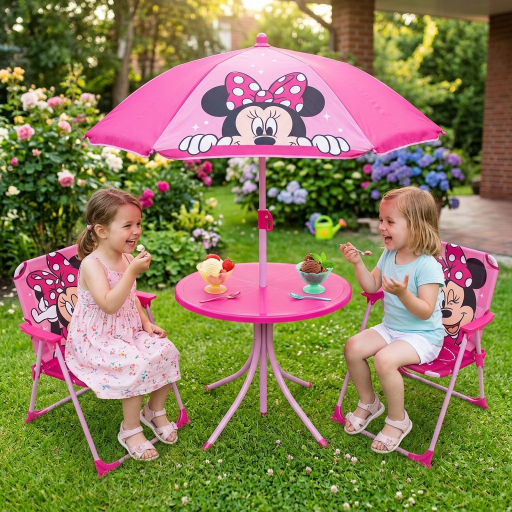 Set da Giardino Minnie Tavolino Ombrellone e Sedie Pieghevoli per Mare e Giardino 100% Poliestere- 86631