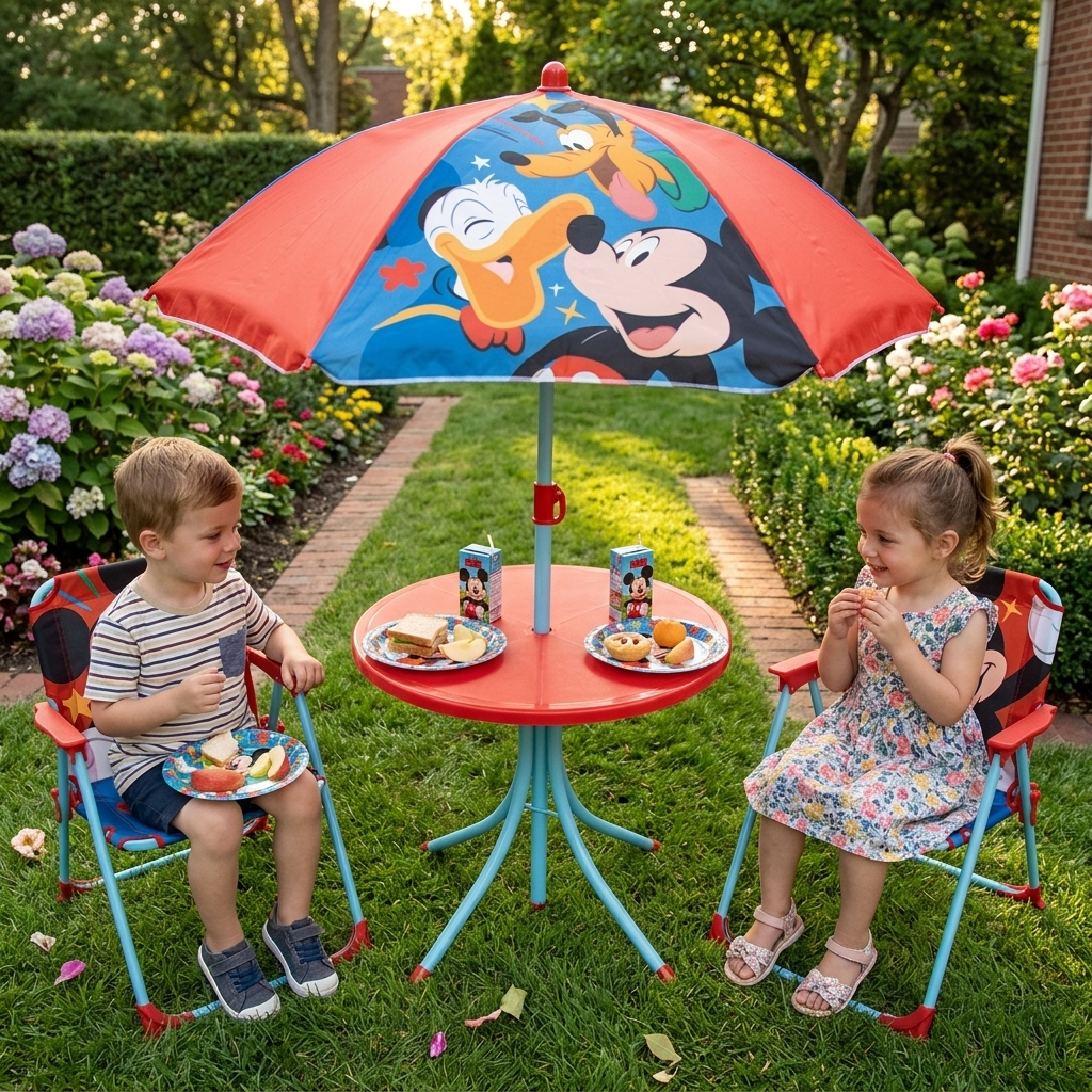 Set da Giardino Topolino Tavolino Ombrellone e Sedie Pieghevoli per Mare e Giardino 100% Poliestere- 86632