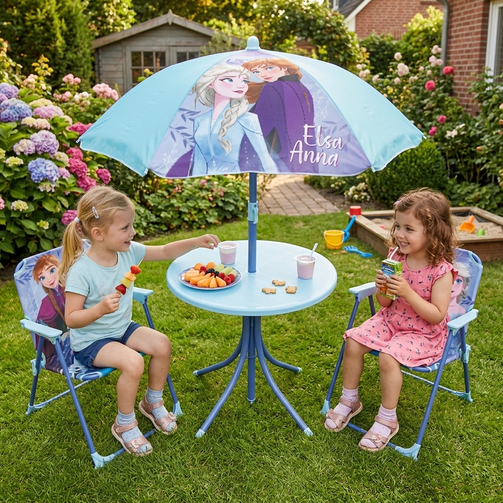Set da Giardino Frozen Tavolino Ombrellone e Sedie Pieghevoli per Mare e Giardino 100% Poliestere- 86633