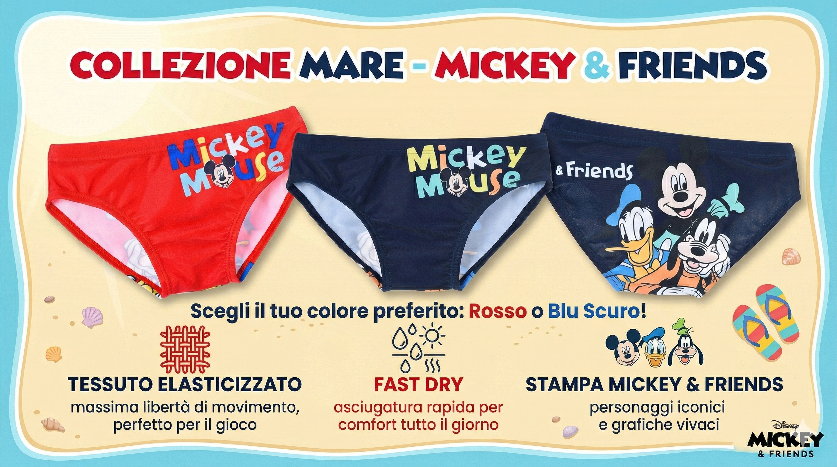 Costume da Bagno Topolino DISNEY Modello Slip Mutandina Mare Piscina Neonato - Ez05017rosso