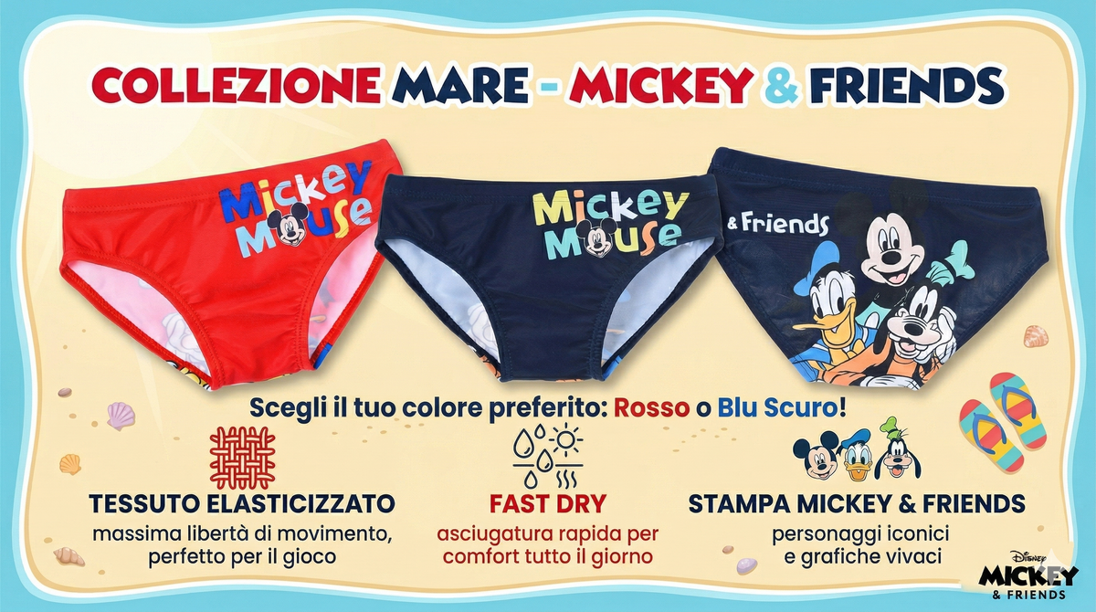 Costume da Bagno Topolino DISNEY Modello Slip Mutandina Mare Piscina Neonato - Ez05017rosso