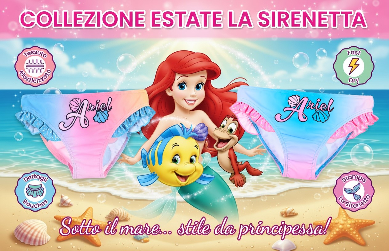 Costume da Bagno la Sirenetta Ariel DISNEY Modello Slip Mutandina Mare Piscina Bambina - Ez18013azzurro