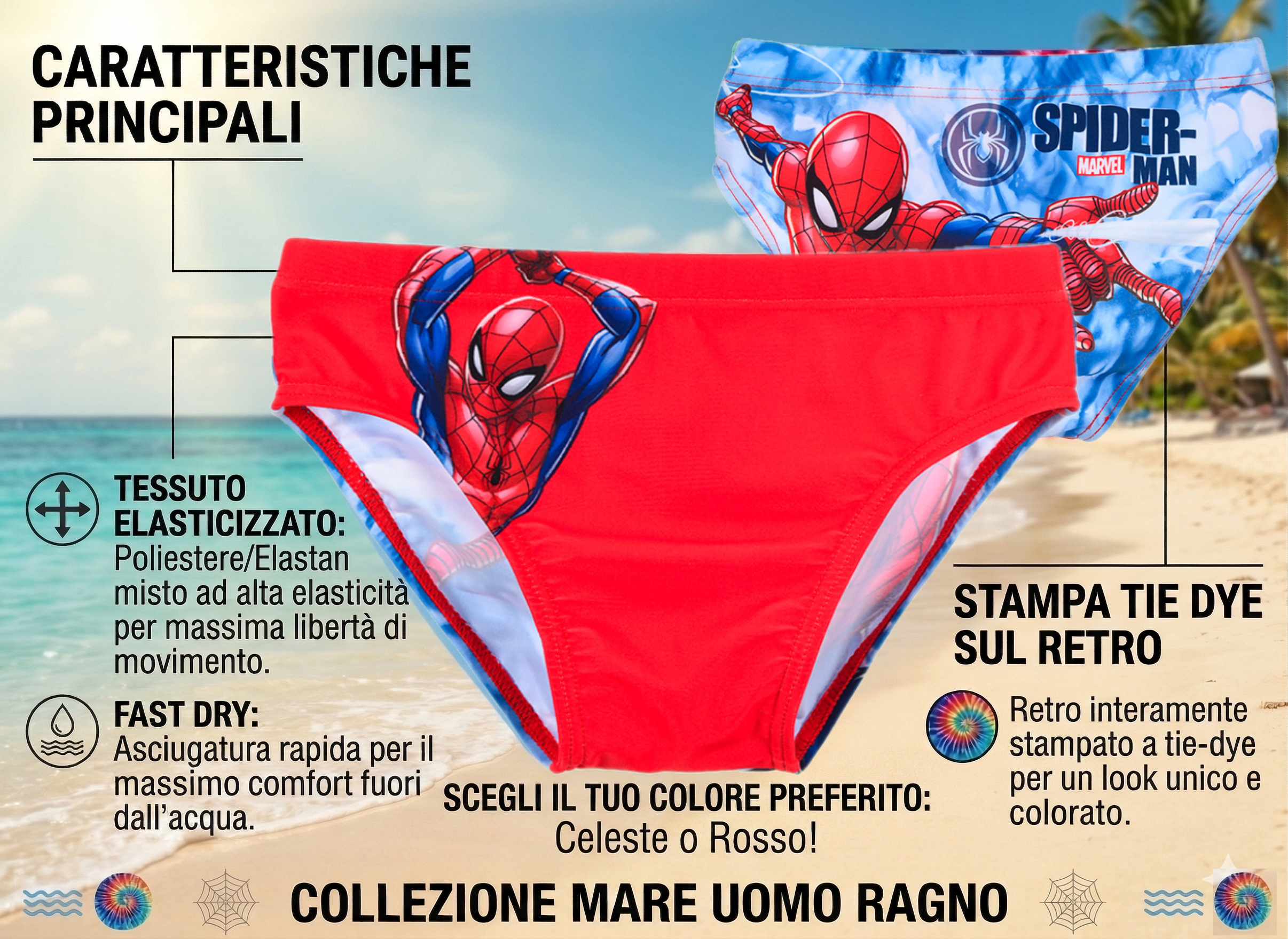 Costume da Bagno MARVEL Spiderman Modello Slip Tie Dye Mutandina Mare Piscina Bambino - Ez18169rosso