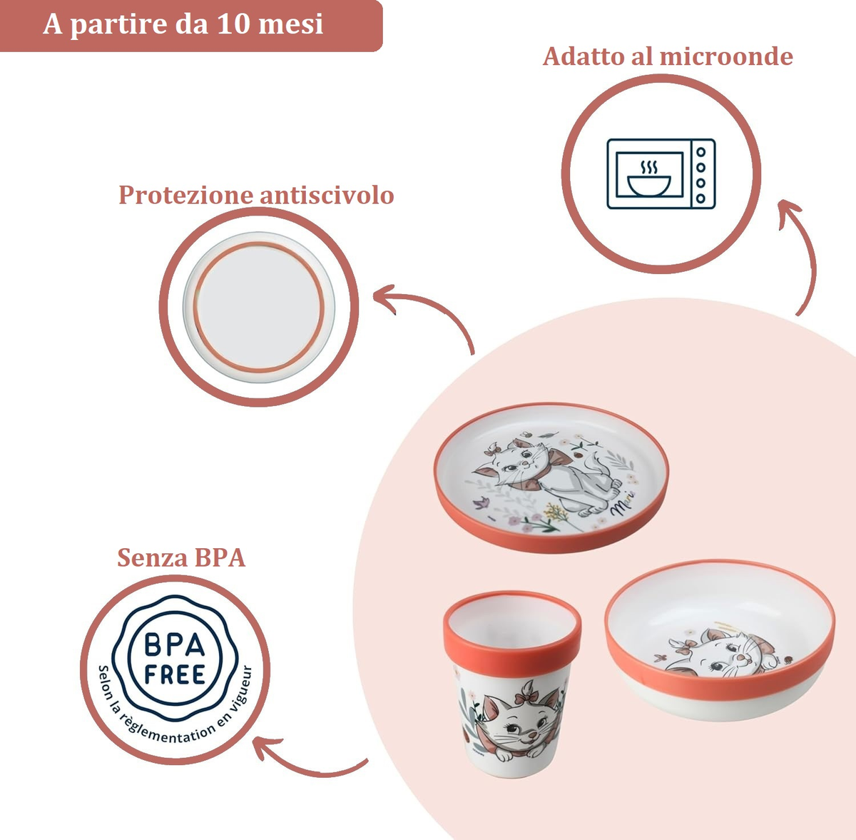 Set Pappa Marie DISNEY 3 Pezzi Stoviglie in Plastica con Silicone Antiscivolo Adatta Al Microonde- 86664