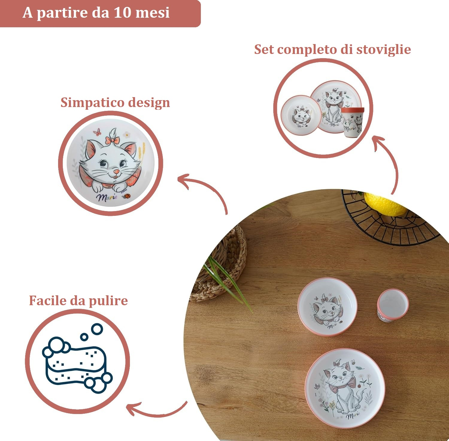 Set Pappa Marie DISNEY 3 Pezzi Stoviglie in Plastica con Silicone Antiscivolo Adatta Al Microonde- 86664