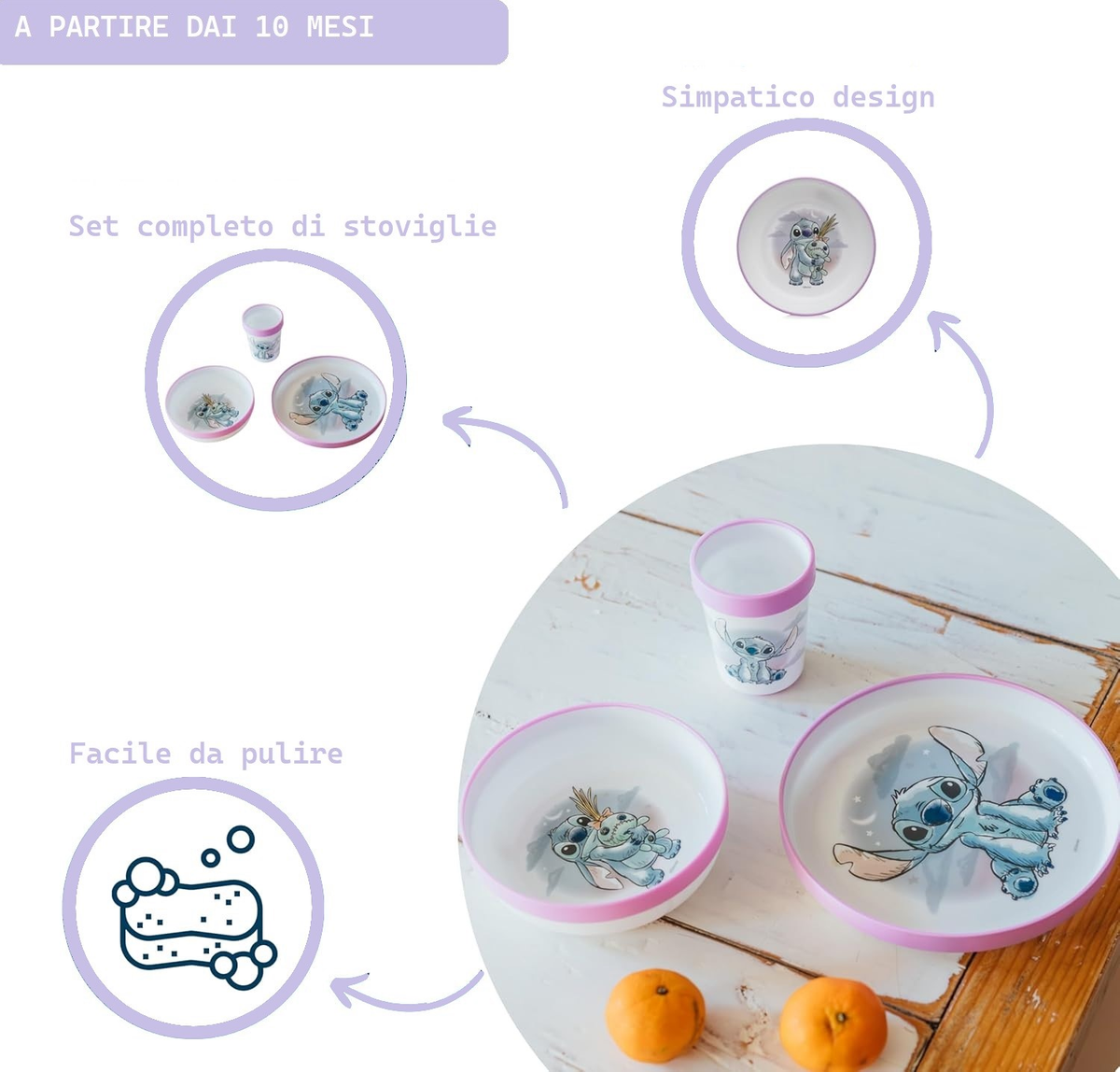 Set Pappa Stitch DISNEY 3 Pezzi Stoviglie in Plastica con Silicone Antiscivolo Adatta Al Microonde- 86665