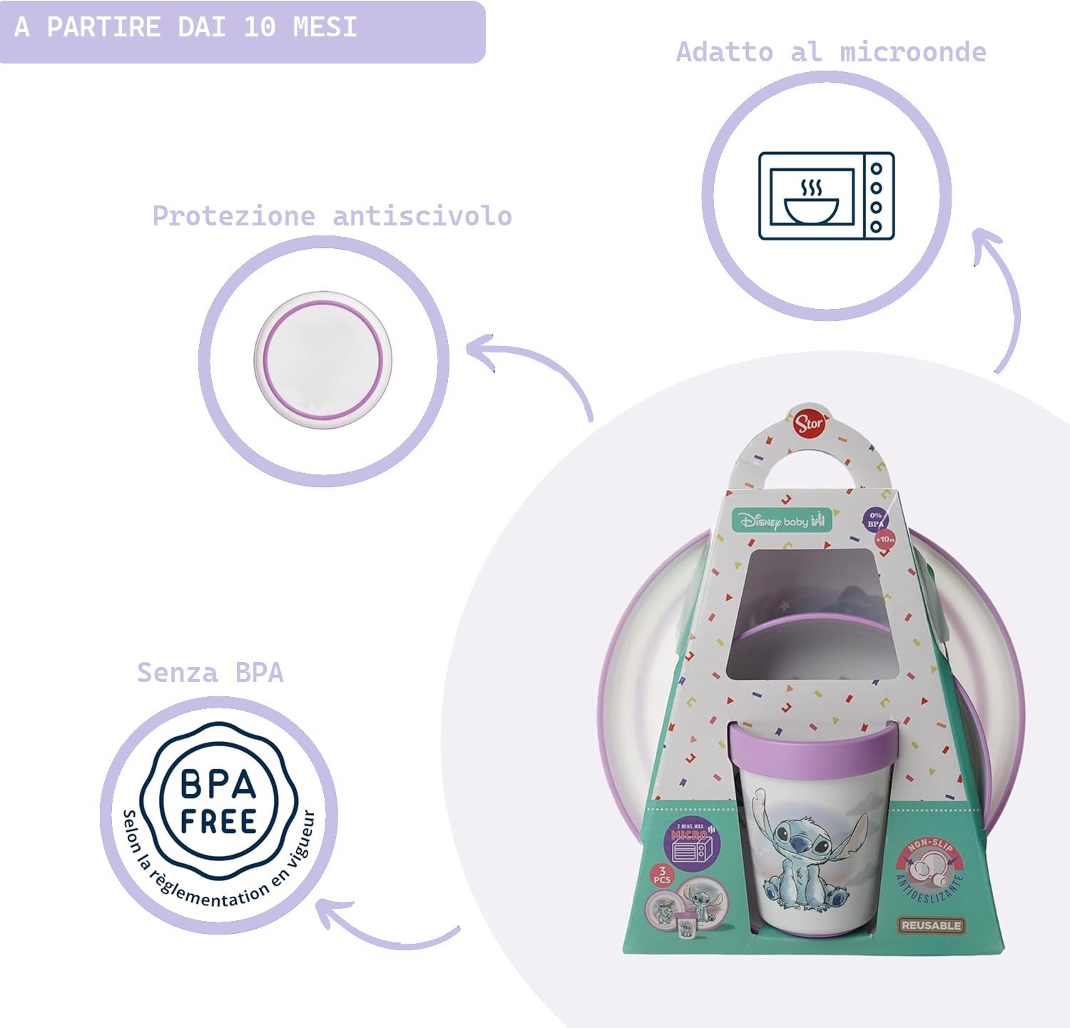 Set Pappa Marie DISNEY 3 Pezzi Stoviglie in Plastica con Silicone Antiscivolo Adatta Al Microonde- 86664