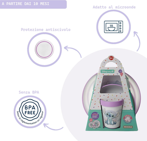 Set Pappa Stitch DISNEY 3 Pezzi Stoviglie in Plastica con Silicone Antiscivolo Adatta Al Microonde- 86665