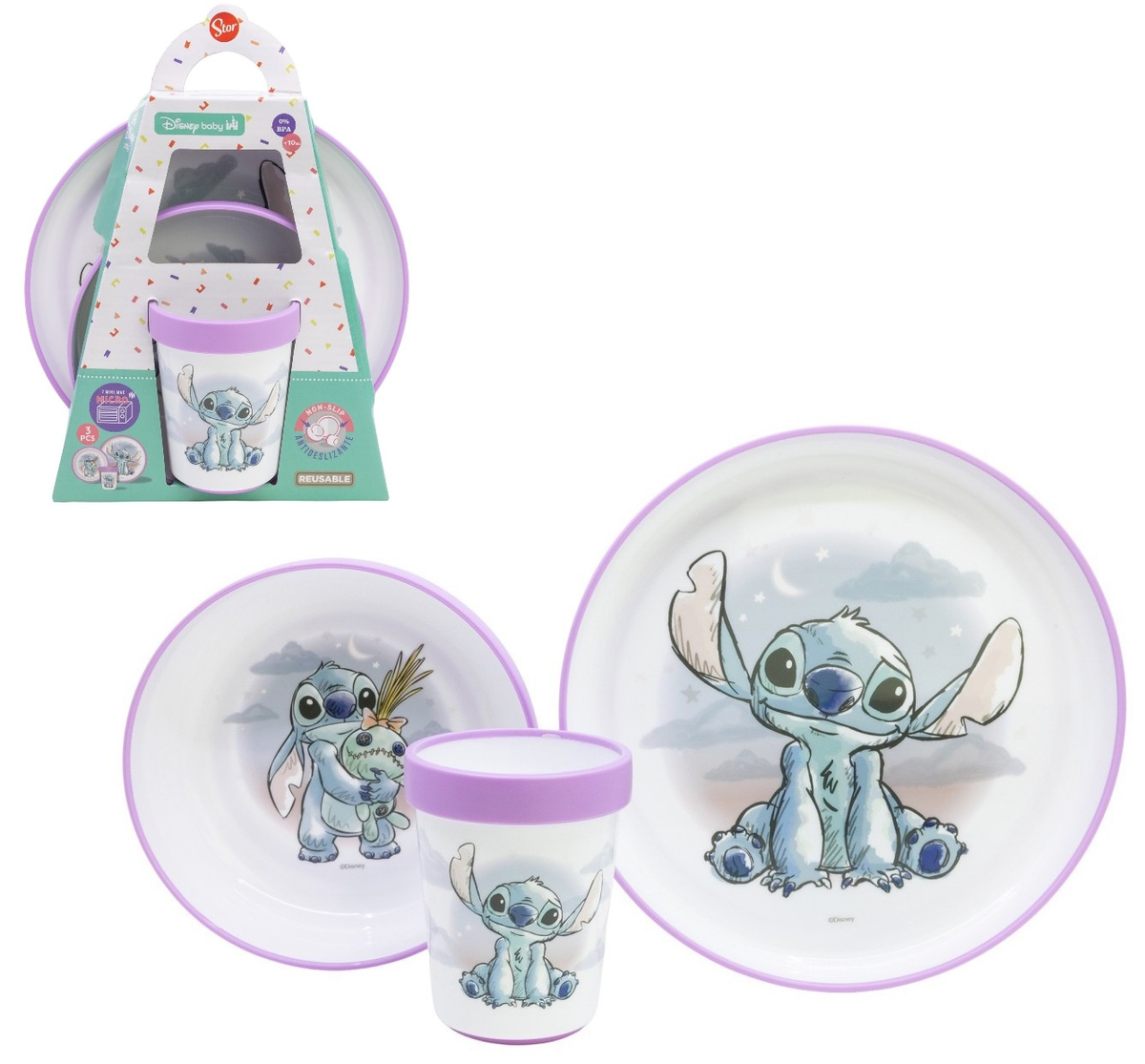Set Pappa Stitch DISNEY 3 Pezzi Stoviglie in Plastica con Silicone Antiscivolo Adatta Al Microonde- 86665