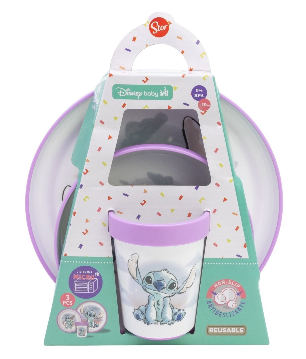 Set Pappa Stitch DISNEY 3 Pezzi Stoviglie in Plastica con Silicone Antiscivolo Adatta Al Microonde- 86665
