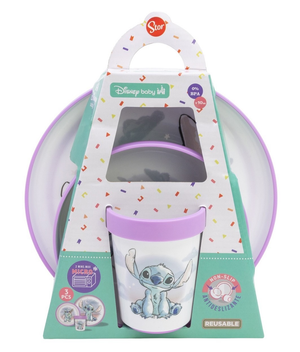 Set Pappa Stitch DISNEY 3 Pezzi Stoviglie in Plastica con Silicone Antiscivolo Adatta Al Microonde- 86665