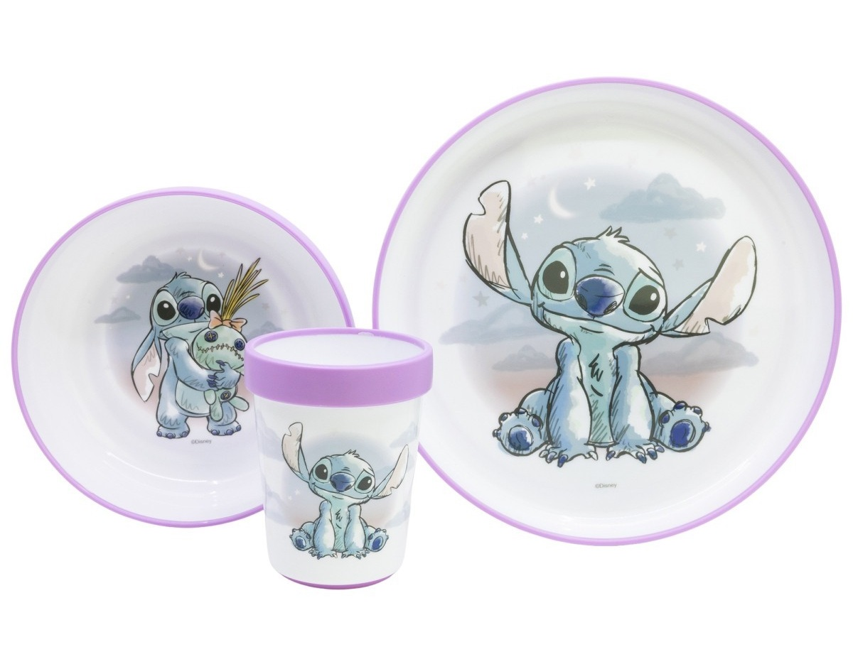 Set Pappa Stitch DISNEY 3 Pezzi Stoviglie in Plastica con Silicone Antiscivolo Adatta Al Microonde- 86665