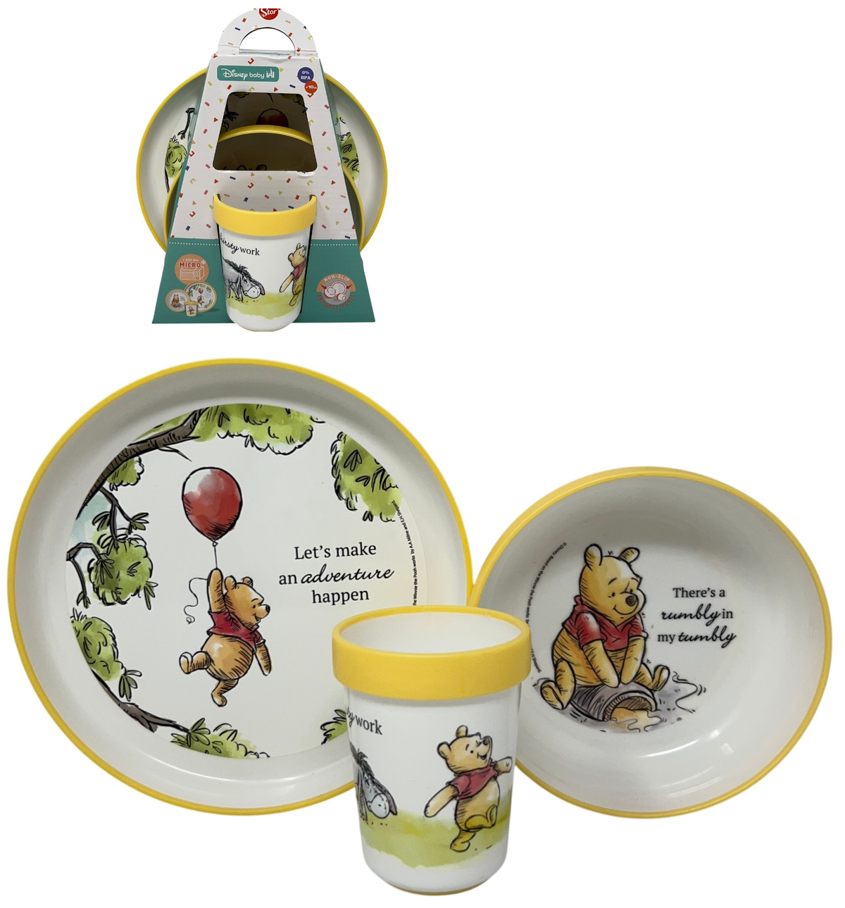 Set Pappa Winnie the Pooh DISNEY 3 Pezzi Stoviglie in Plastica con Silicone Antiscivolo Adatta Al Microonde- 86666