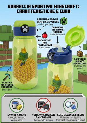 Borraccia Pop-Up Minecraft Bottiglia in Plastica Riutilizzabile 510 Ml - 86669