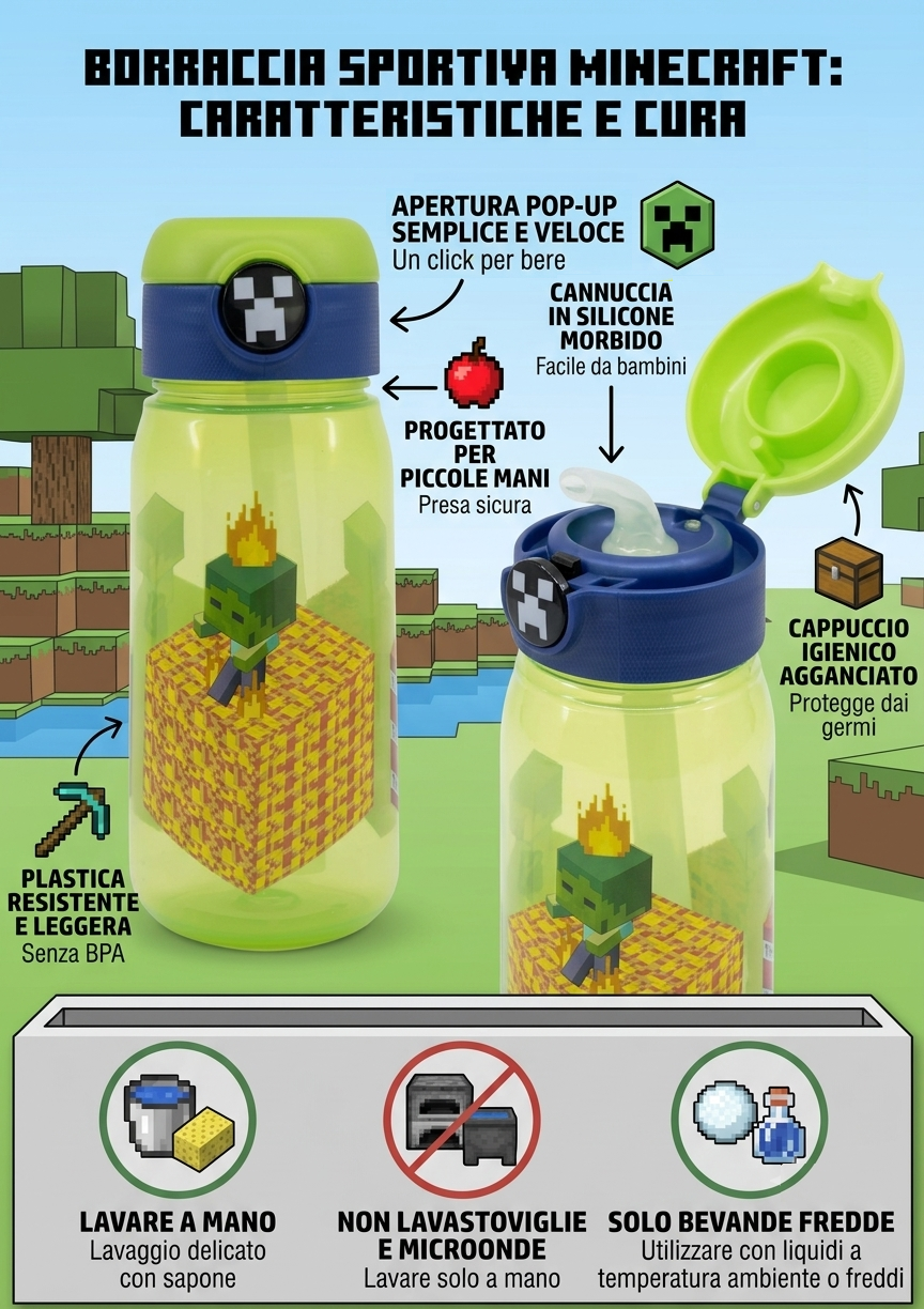 Borraccia Pop-Up Minecraft Bottiglia in Plastica Riutilizzabile 510 Ml - 86669