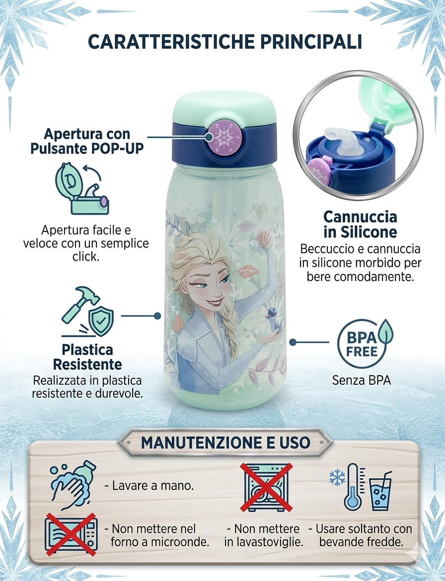 Borraccia Pop-Up Frozen DISNEY Bottiglia in Plastica Riutilizzabile 510 Ml - 86671