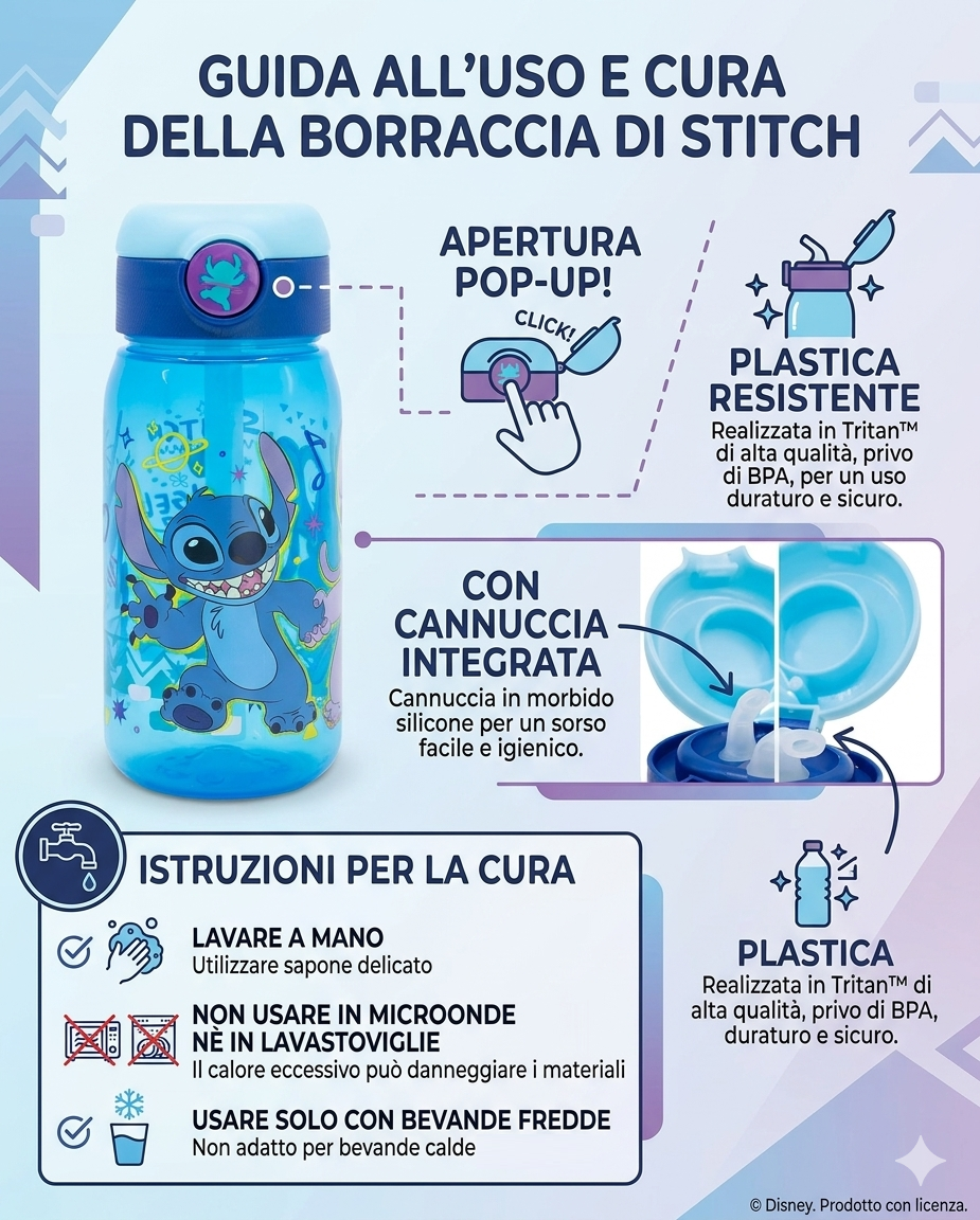 Borraccia Pop-Up Stitch DISNEY Bottiglia in Plastica Riutilizzabile 510 Ml - 86674