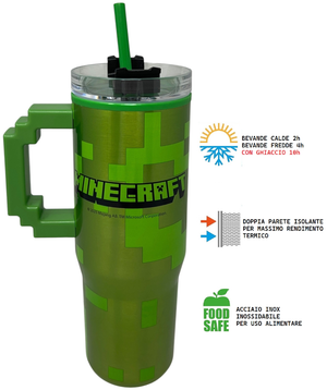 Bicchiere Termico con Cannuccia Minecraft Manico 3d 770 Ml Bpa Free - 86680