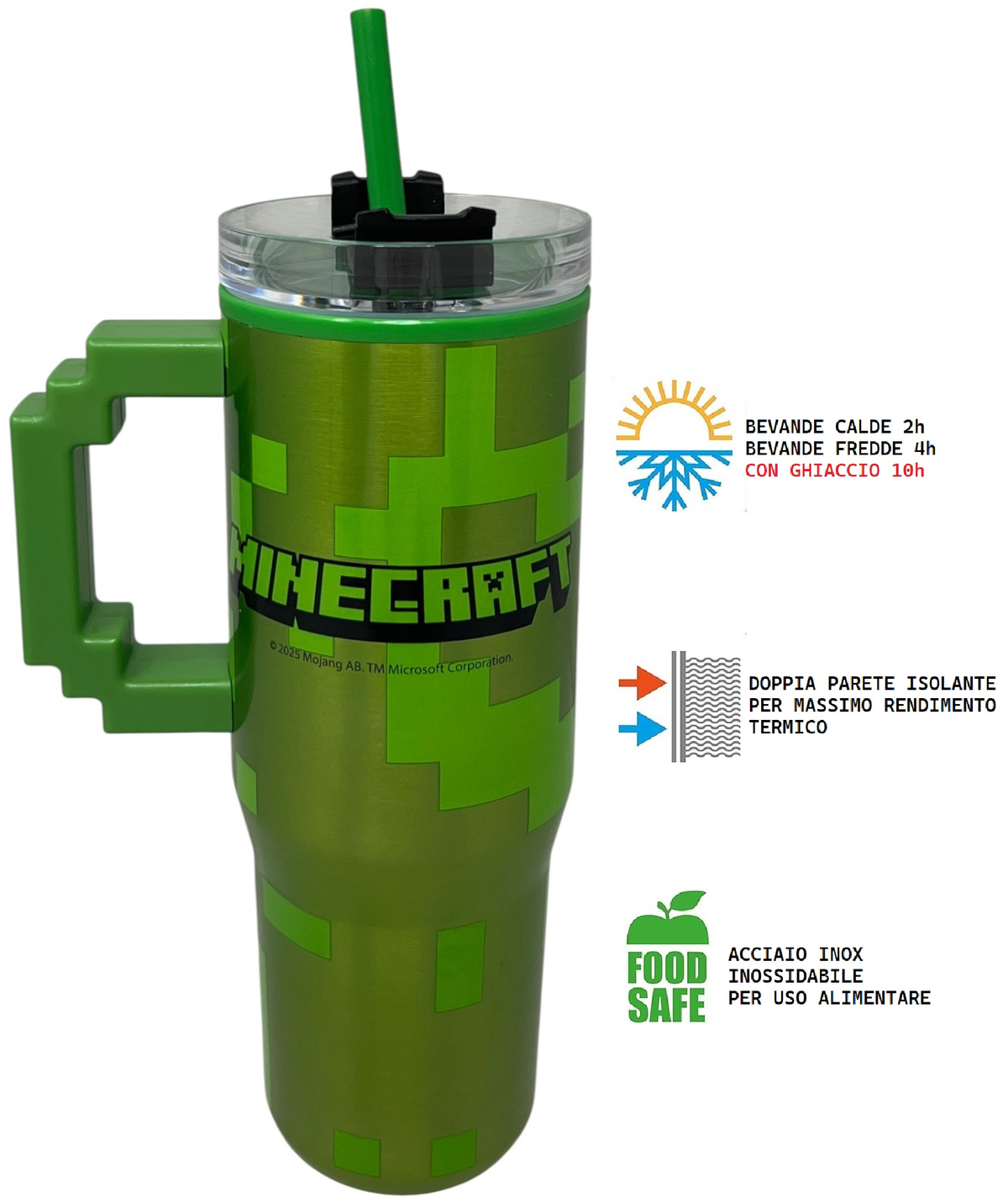Bicchiere Termico con Cannuccia Minecraft Manico 3d 770 Ml Bpa Free - 86680