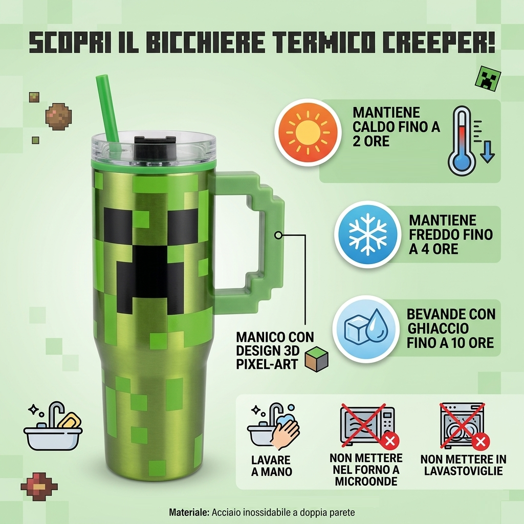 Bicchiere Termico con Cannuccia Minecraft Manico 3d 770 Ml Bpa Free - 86680
