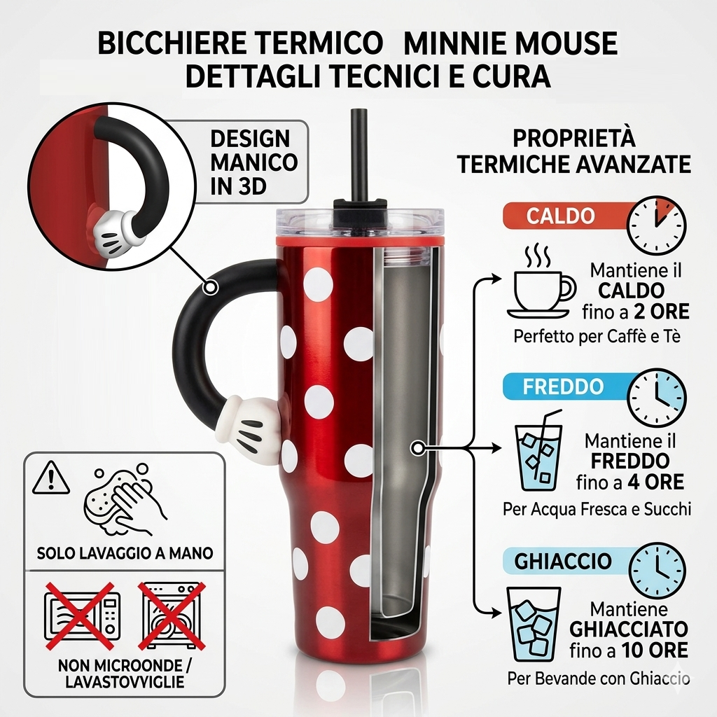 Bicchiere Termico con Cannuccia Minnie DISNEY Manico 3d 770 Ml - 86681