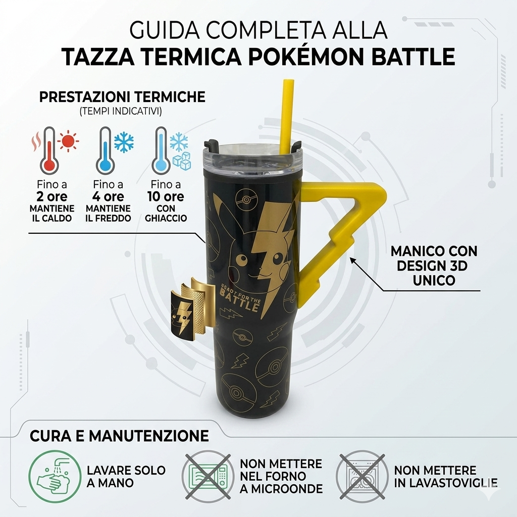Bicchiere Termico con Cannuccia Pikachu Pokemon Manico 3d 770 Ml - 86682