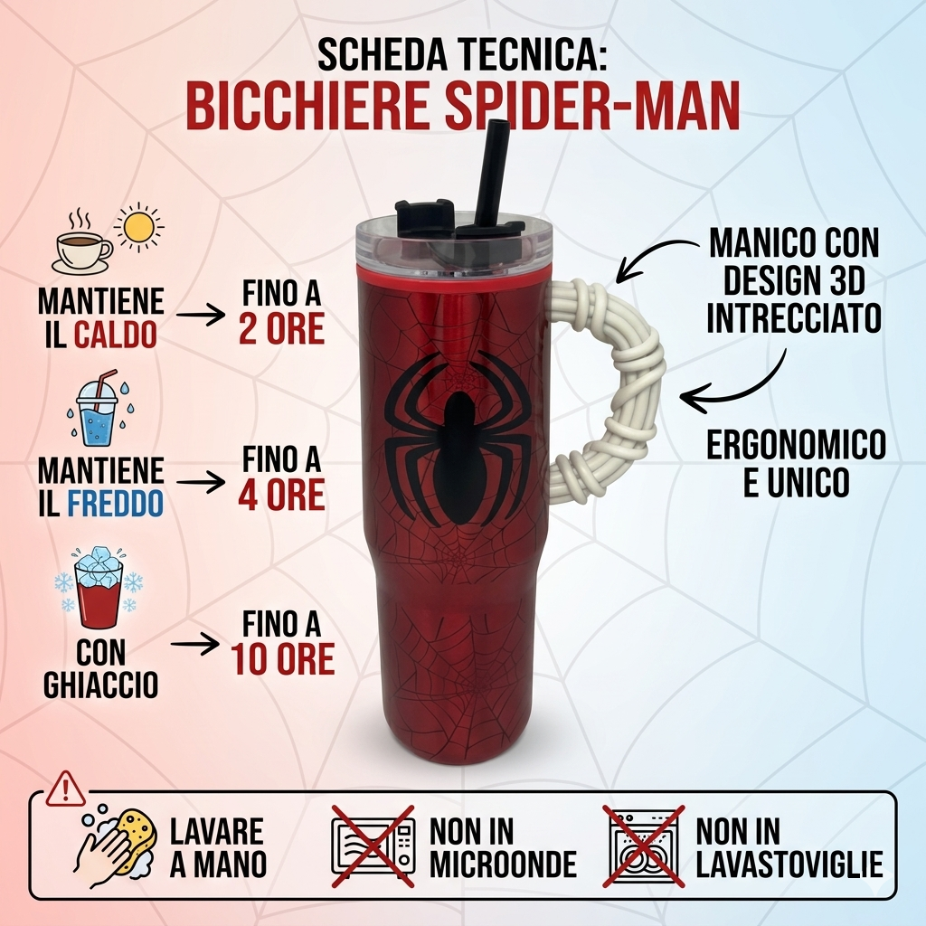 Bicchiere Termico con Cannuccia Spiderman MARVEL Manico 3d 770 Ml - 86683