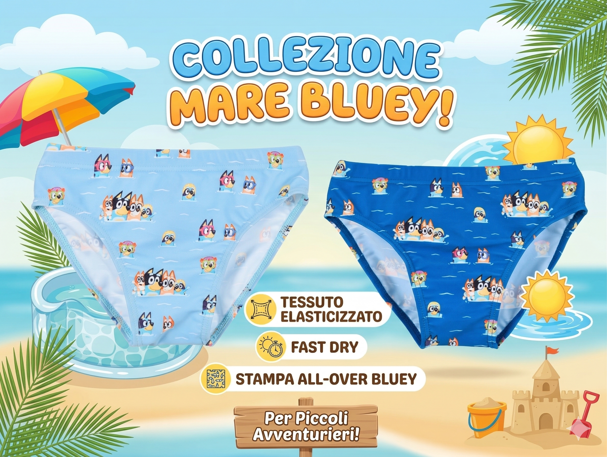 Costume da Bagno Bluey Modello Slip Mutandina Mare Piscina Bambino - Ez18113celeste