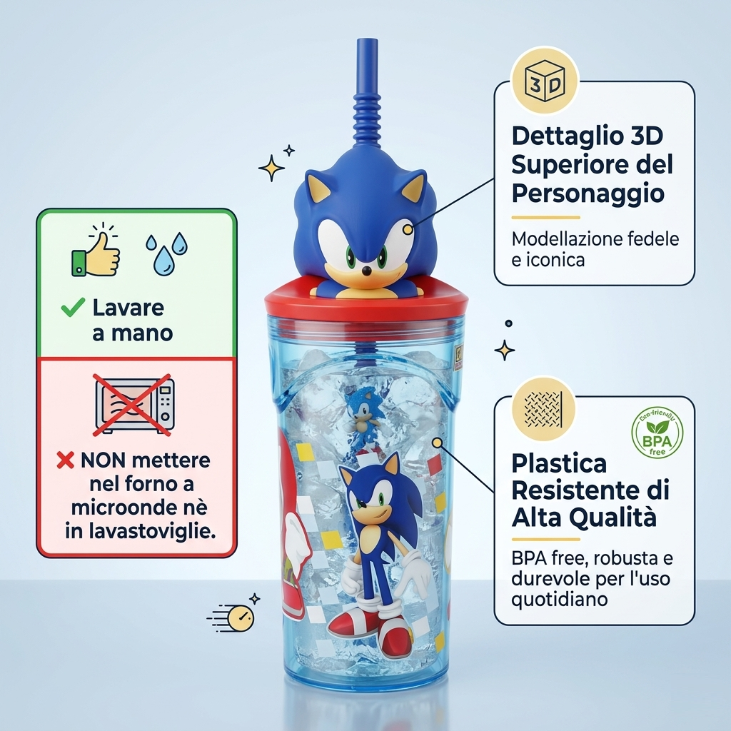 Bicchiere con Cannuccia Sonic Personaggio 3d 360 Ml Bpa Free - 86693