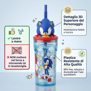 Bicchiere con Cannuccia Sonic Personaggio 3d 360 Ml Bpa Free - 86693