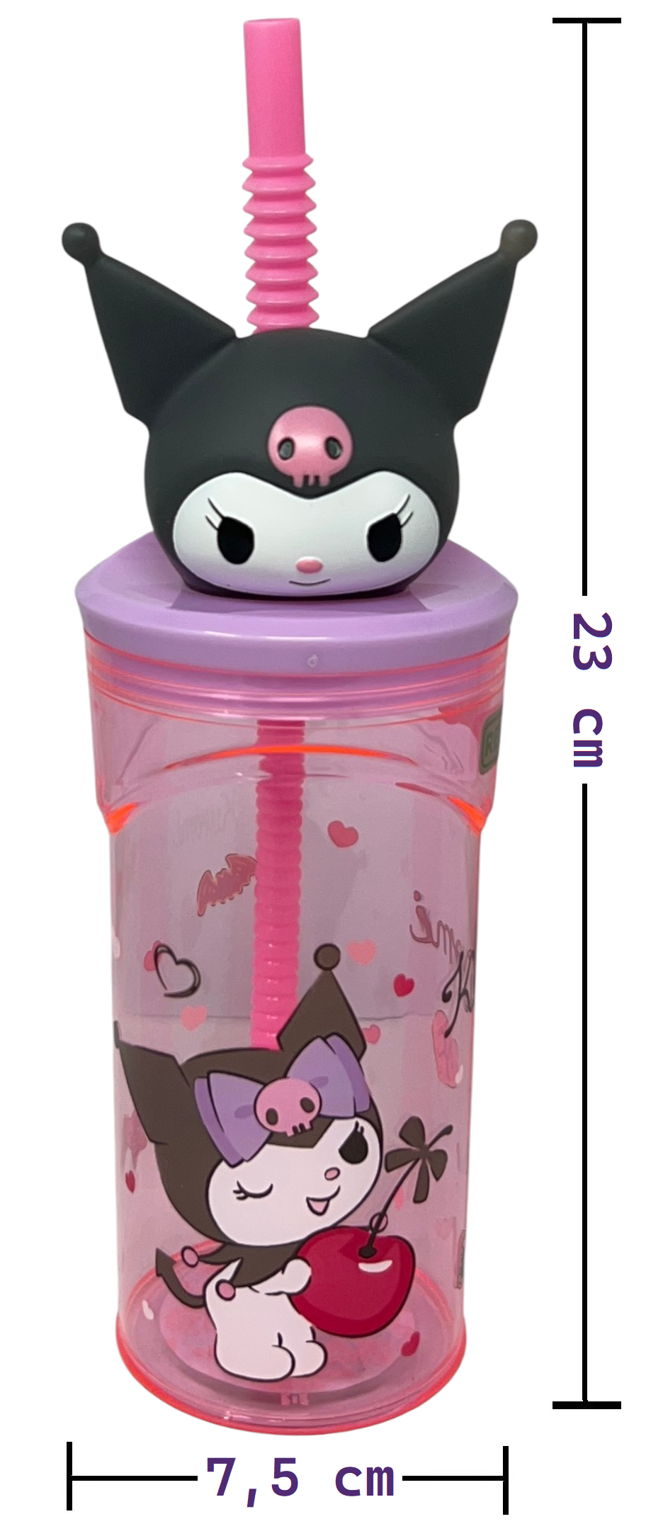 Bicchiere con Cannuccia Kuromi Sanrio Personaggio 3d 360 Ml Bpa Free - 86694