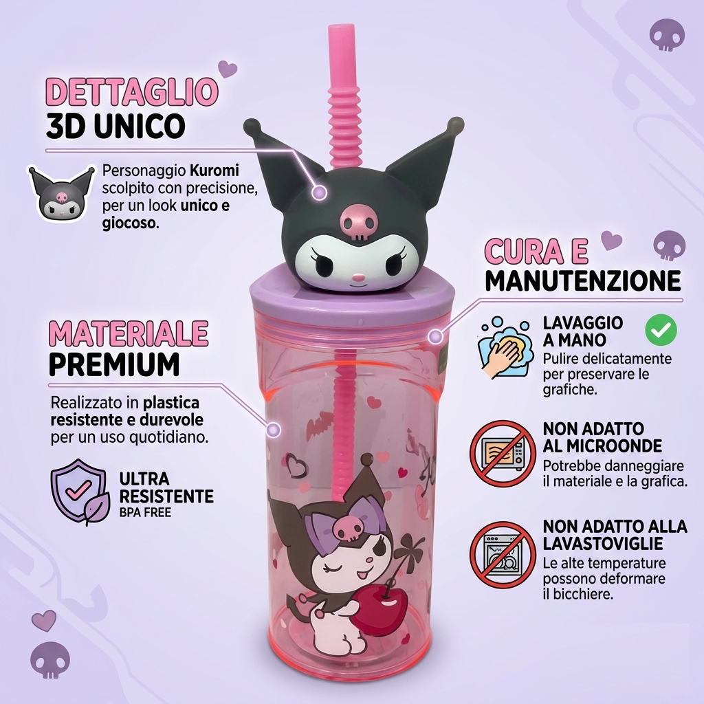 Bicchiere con Cannuccia Kuromi Sanrio Personaggio 3d 360 Ml Bpa Free - 86694