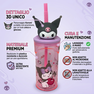 Bicchiere con Cannuccia Kuromi Sanrio Personaggio 3d 360 Ml Bpa Free - 86694