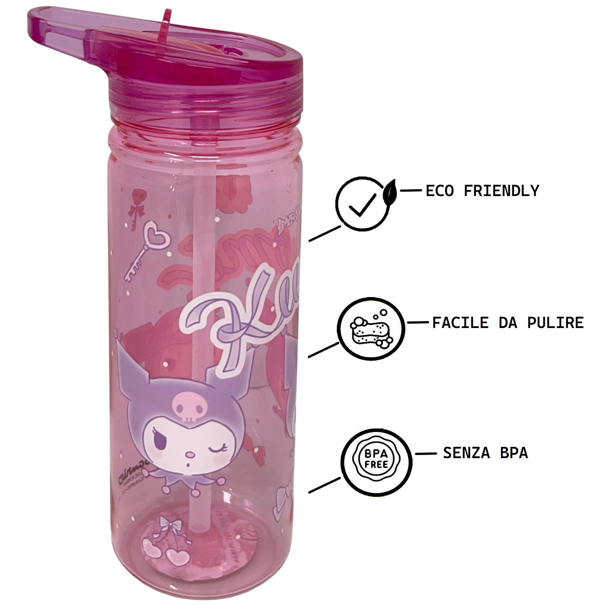 Borraccia Ecozen Kuromi Sanrio in Tritan Bottiglia con Beccuccio Ripiegabile 580 Ml -86695