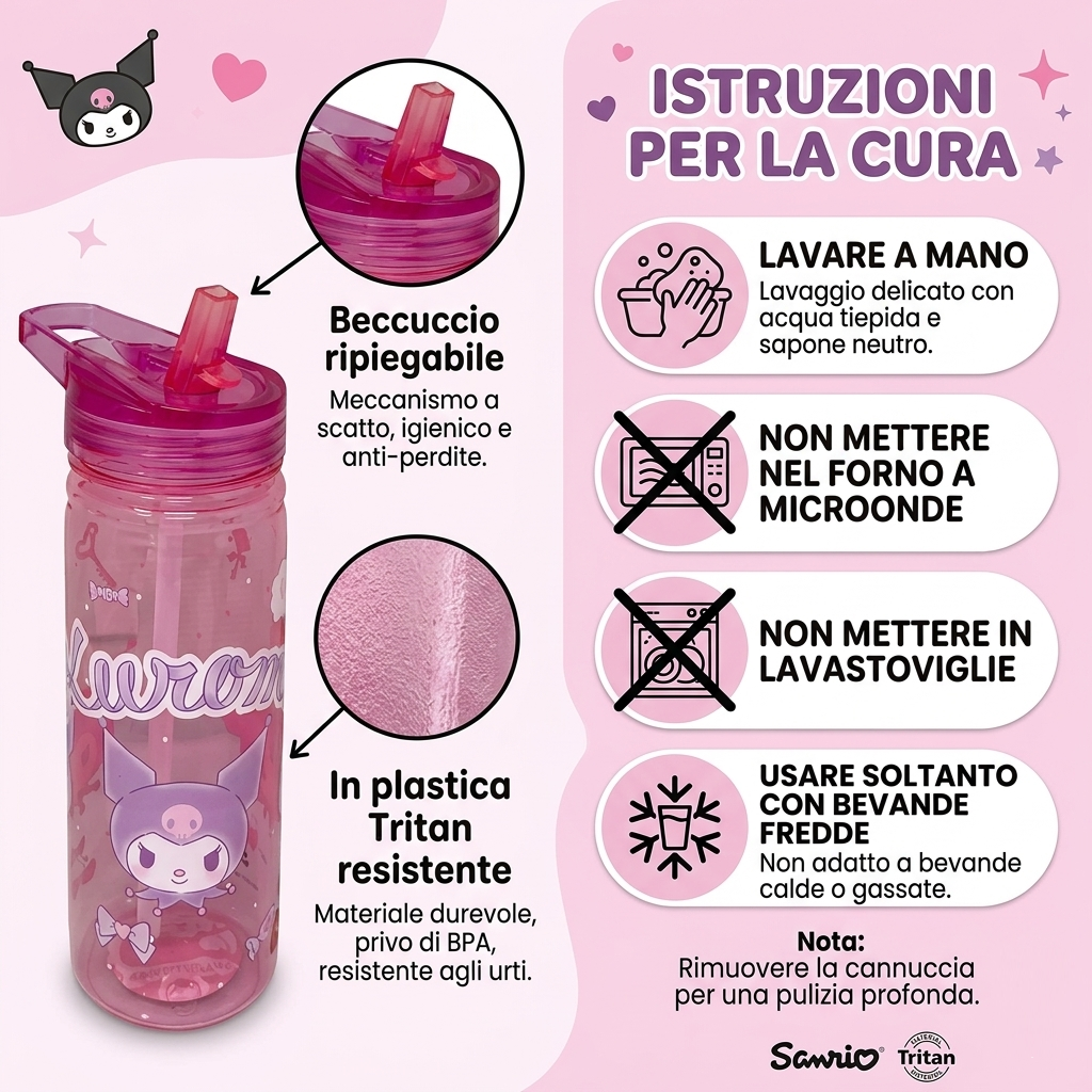 Borraccia Ecozen Kuromi Sanrio in Tritan Bottiglia con Beccuccio Ripiegabile 580 Ml -86695