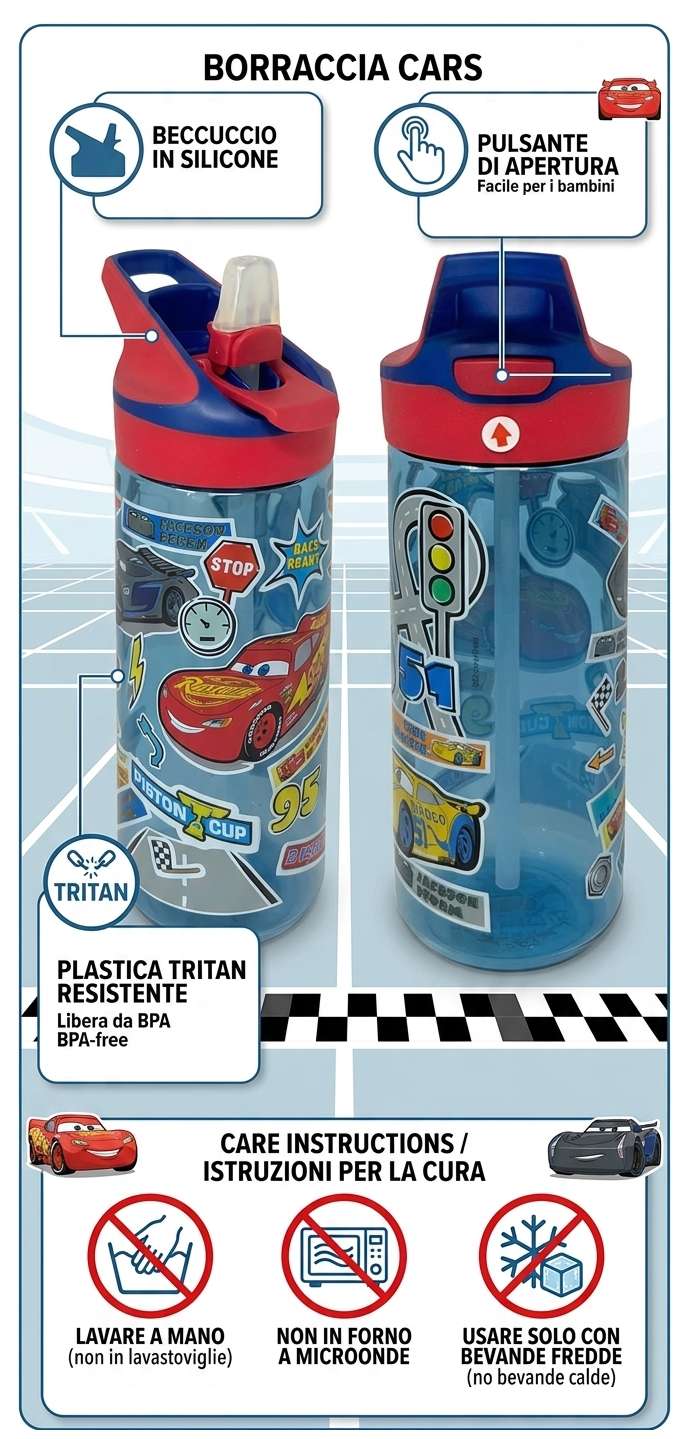 Borraccia Tritan Cars Bottiglia 620 Ml con Apertura Pop-Up - 86698