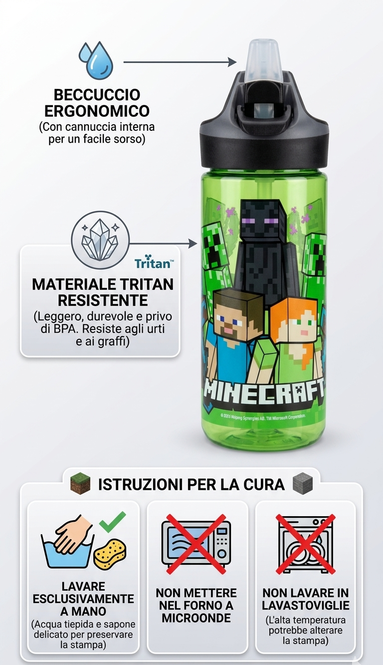 Borraccia Tritan Minecraft Bottiglia 620 Ml con Apertura Pop-Up - 86699