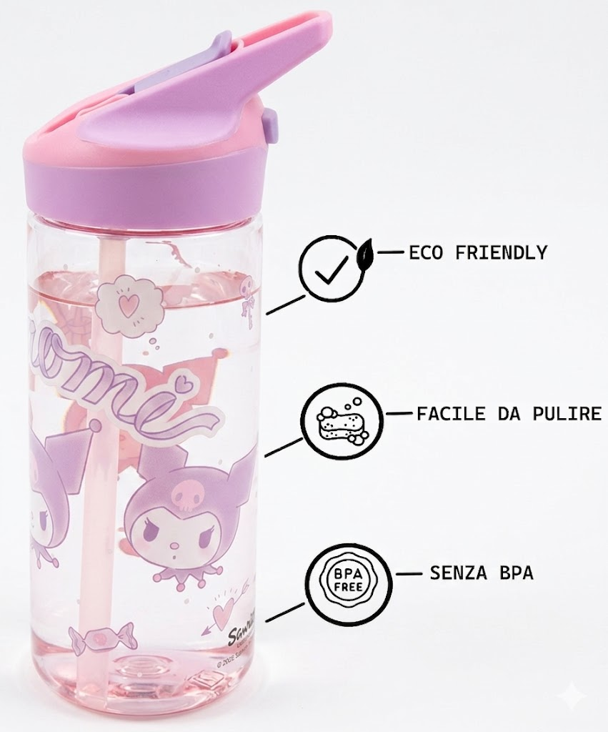 Borraccia Tritan Kuromi Snario Bottiglia 620 Ml con Apertura Pop-Up - 86703
