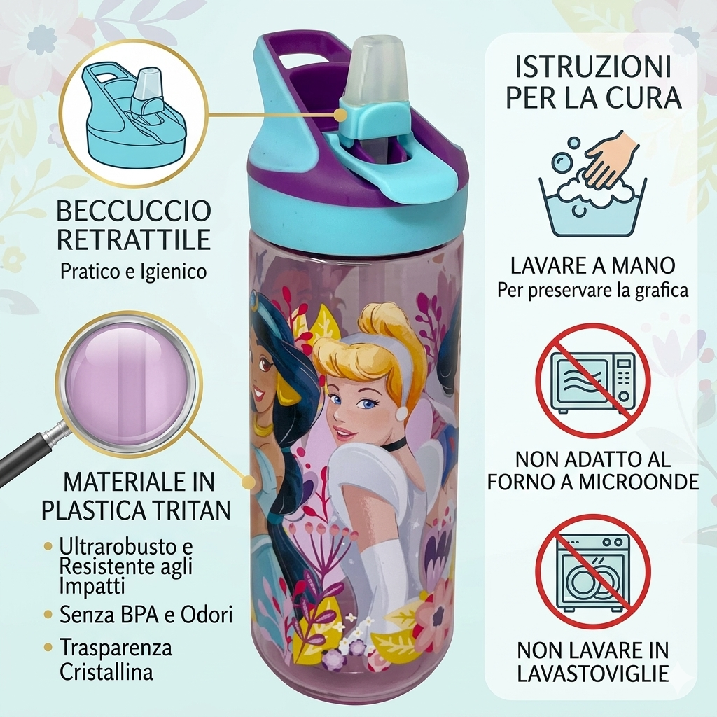 Borraccia Tritan Principesse DISNEY Bottiglia 620 Ml con Apertura Pop-Up -86705