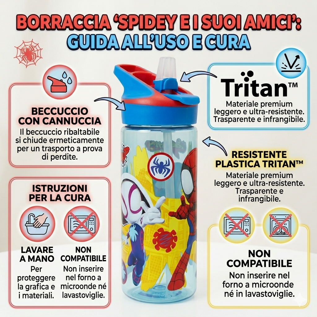 Borraccia Tritan Spidey Bottiglia 620 Ml con Apertura Pop-Up - 86708