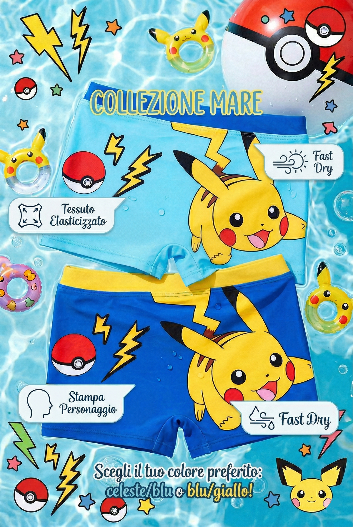 Costume da Bagno Pikachu Pokémon Modello Parigamba Boxer Mare Piscina Bambino - Ez18132celeste