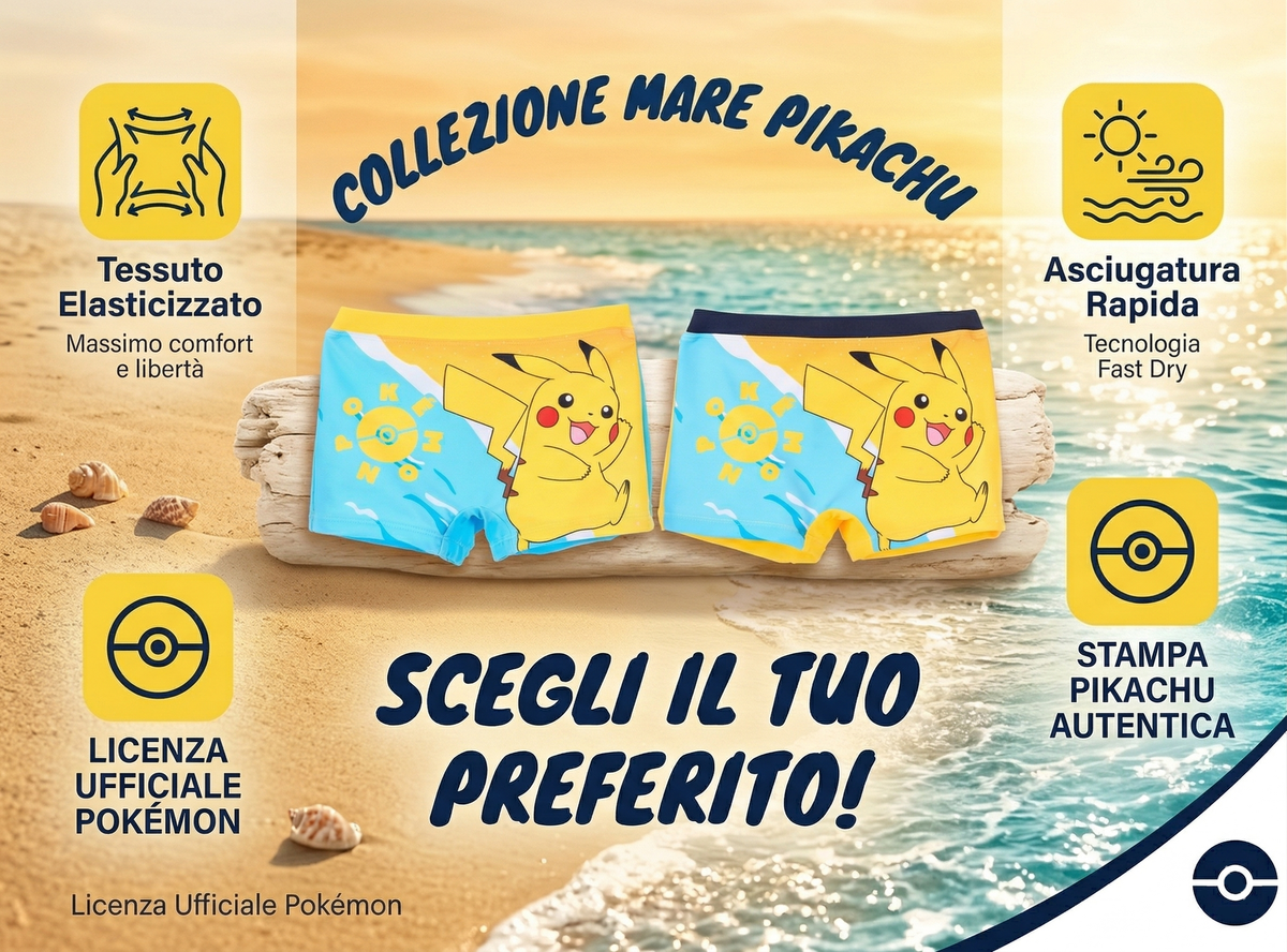 Costume da Bagno Pikachu Pokémon Modello Parigamba Boxer Mare Piscina Bambino - Ez18130celeste