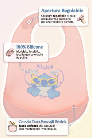Bavetto Stitch DISNEY Bavaglino in Silicone 30 X 23 CM con Tasca Raccogli Briciole per Bambini - Ez09019